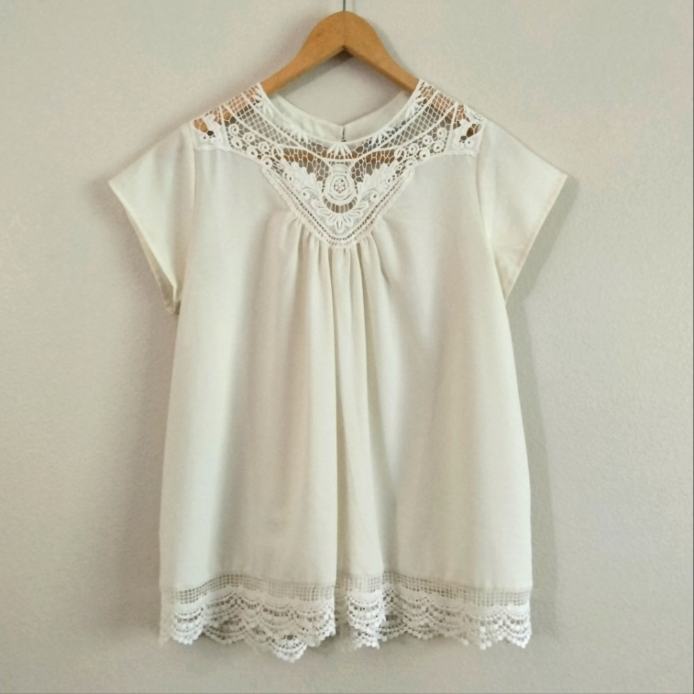 Women's Downeast Off White Lace Blouse Cap Sleeve, Size M